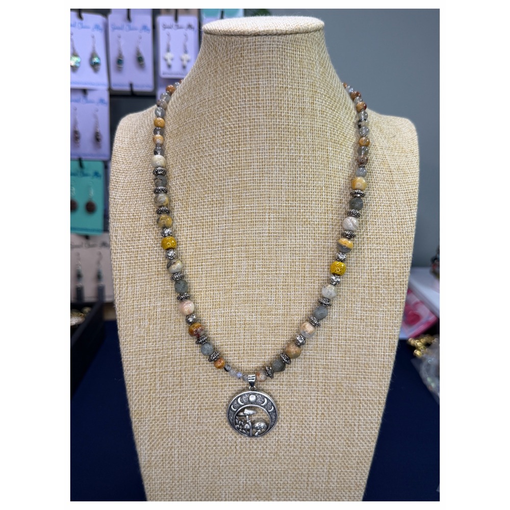 Natural Stone Beaded Mushroom Moon Phase Pendant Necklace Boho Celestial